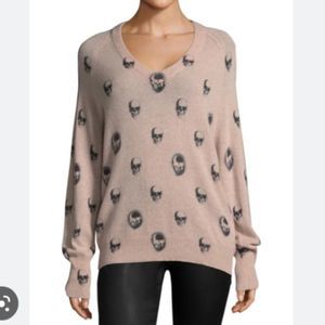 360 CASHMERE Skull Print Vneck Cashmere Sweater Size XS Blush Pink